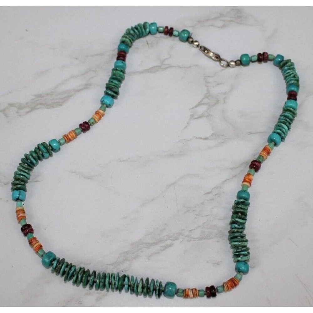 Navajo Heishe Graduated Turquoise, Orange Oyster and Sterling Silver Necklace 9"